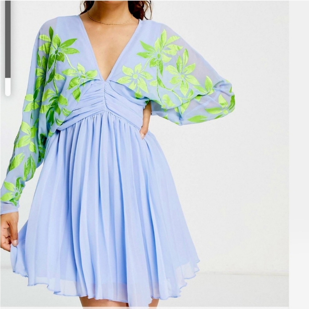 Asos Floral Embroidered Blue Dress